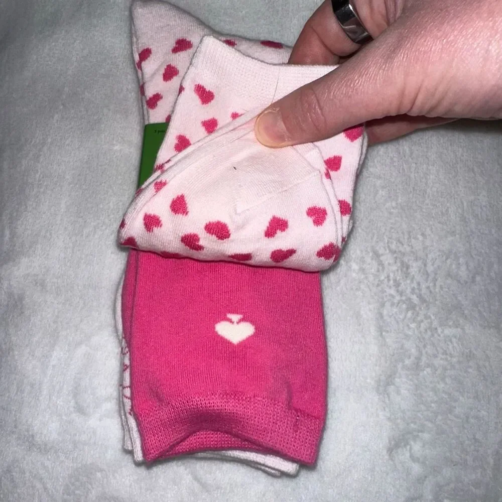 Kate Spade Valentines Day Set of 3 Crew Socks Pink Heart Patterns Womens NWT